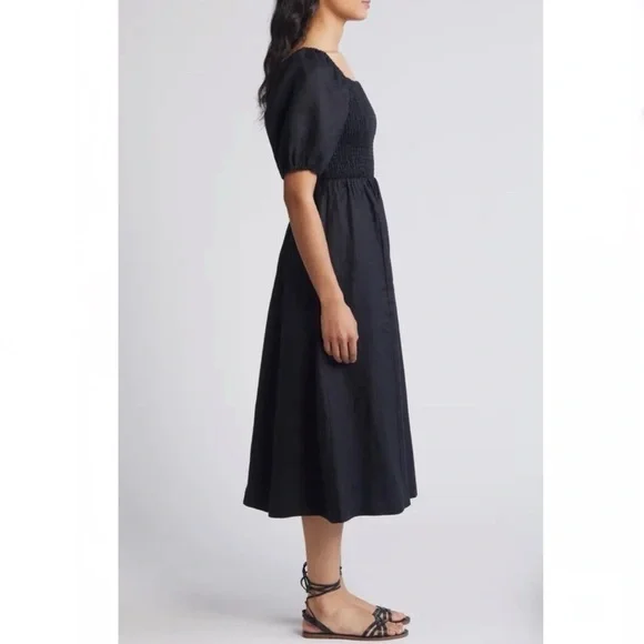 NEW Boden Sky Smocked Short Sleeve Linen Midi Dress